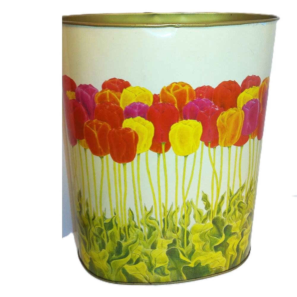 Vintage Cheinco Floral Tulip Metal Trash Can Waste Basket